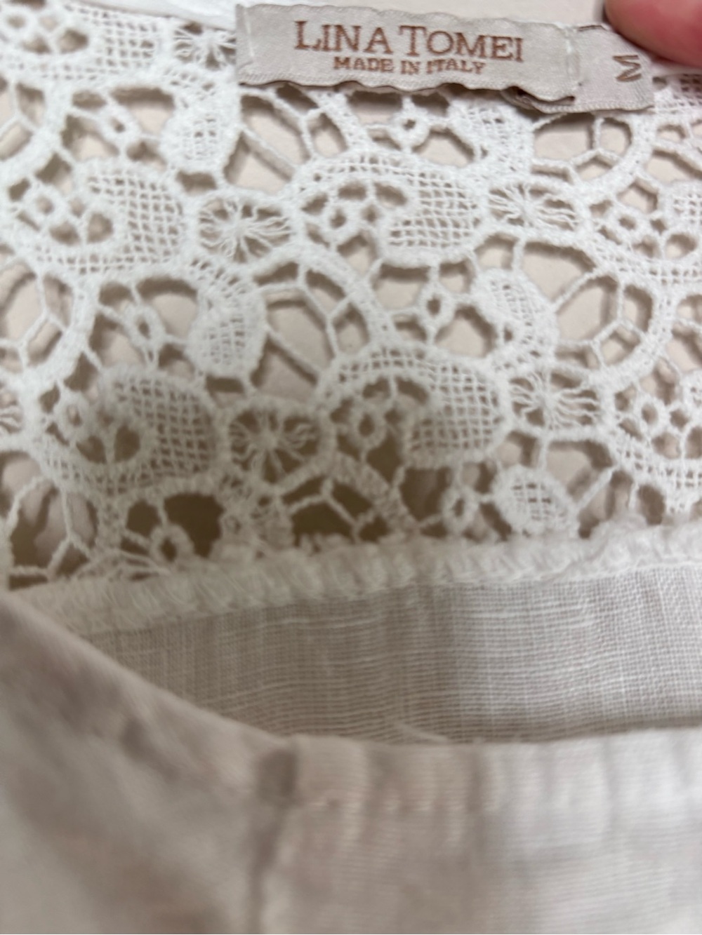 Lina Tomei White Linen Sleeveless Dress Lace Yoke Pockets Medium - Picture 7 of 9